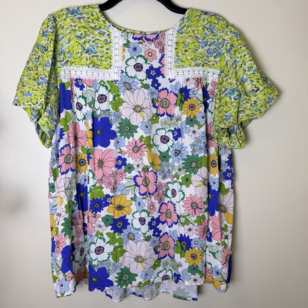 Entro Mixed Print Floral Blouse Xl Crochet Lace Trim Short Retro Boho Top